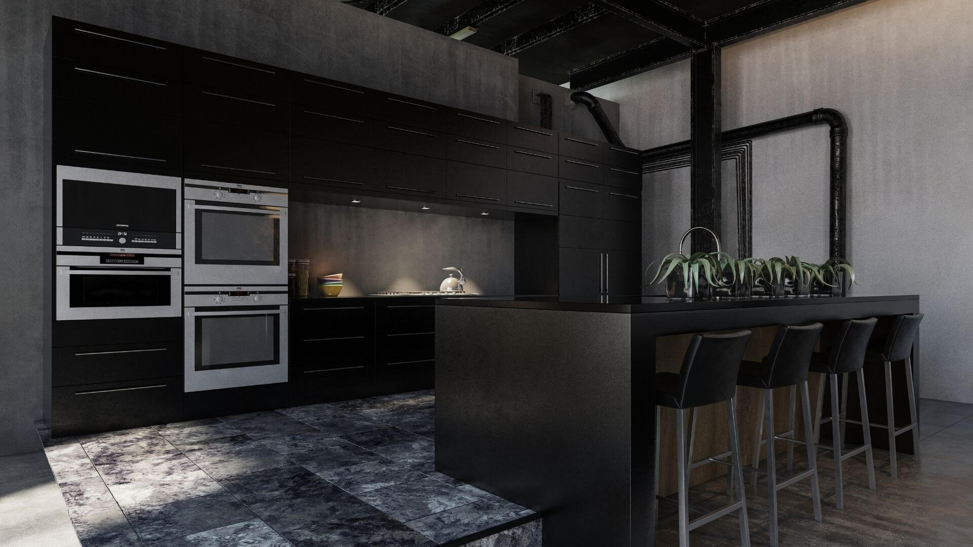 decoração de cozinha com preto fosco